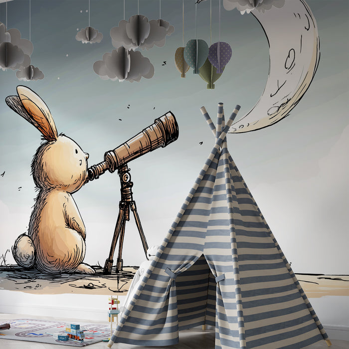 Papel de parede criança | Coelho observando a lua com um telescópio