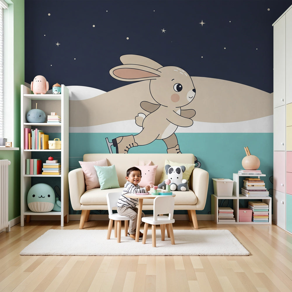 Papier peint chambre enfant | Lapin patineur sur glace étoilée, image size:1000x1000