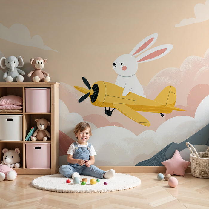Kinderkamer behang | Pilotenkonijn en stralende bergen