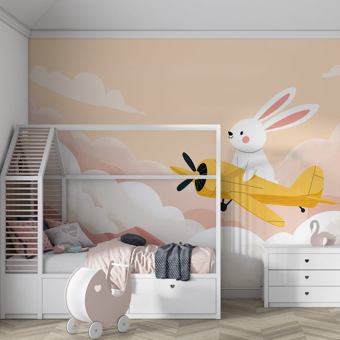 Kinderkamer behang | Pilotenkonijn en stralende bergen