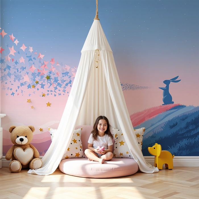Papier peint chambre enfant | Lapin rêveur et étoiles scintillantes dans un ciel pastel