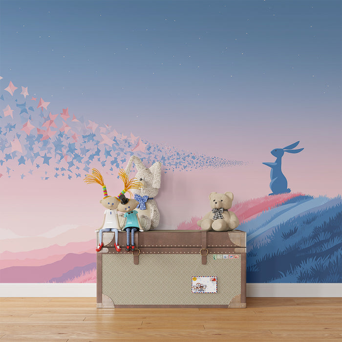 Papier peint chambre enfant | Lapin rêveur et étoiles scintillantes dans un ciel pastel
