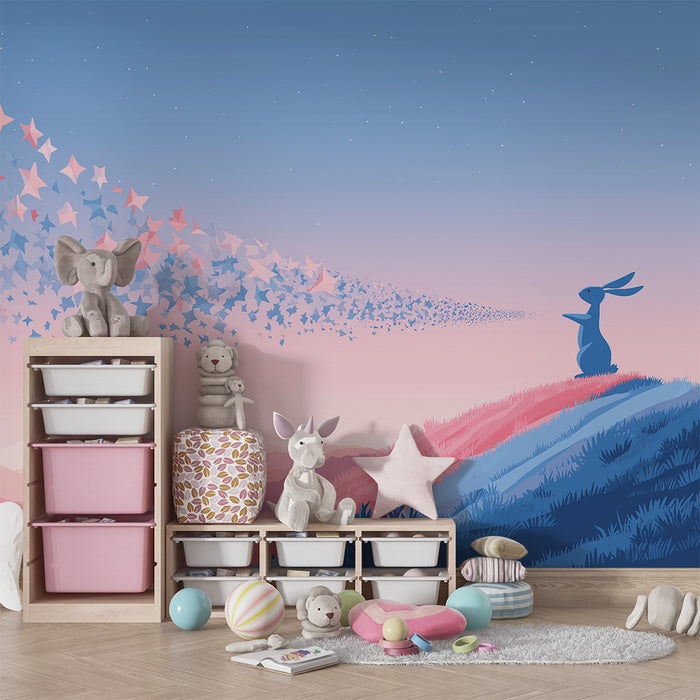 Papier peint chambre enfant | Lapin rêveur et étoiles scintillantes dans un ciel pastel