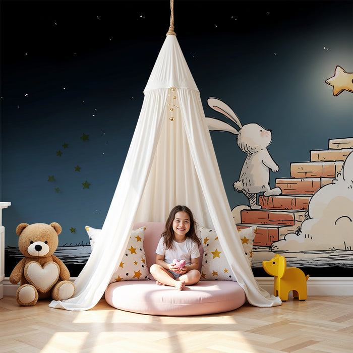 Kids room wallpaper | Dreamy rabbit climbing the stairs towards a bright star