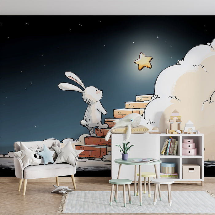 Kids room wallpaper | Dreamy rabbit climbing the stairs towards a bright star