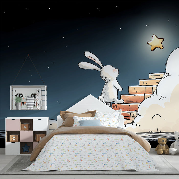 Kids room wallpaper | Dreamy rabbit climbing the stairs towards a bright star