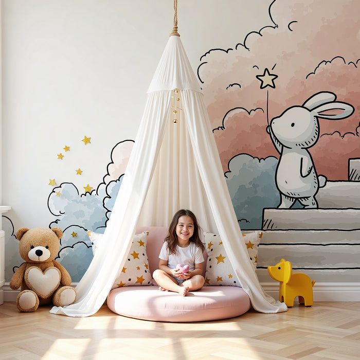 Papier peint chambre enfant | Lapin rêveur sur des escaliers vers les nuages