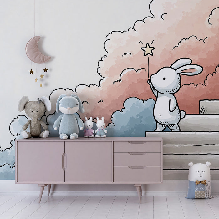 Papier peint chambre enfant | Lapin rêveur sur des escaliers vers les nuages