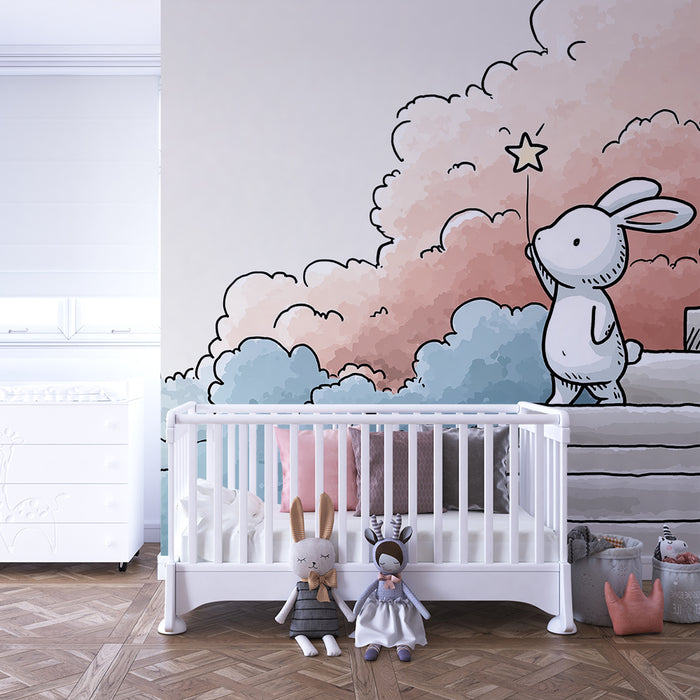 Papier peint chambre enfant | Lapin rêveur sur des escaliers vers les nuages