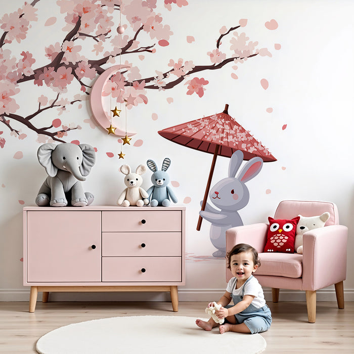 Kinderzimmer Tapete | Hase unter blühender Kirschblüte mit Regenschirm