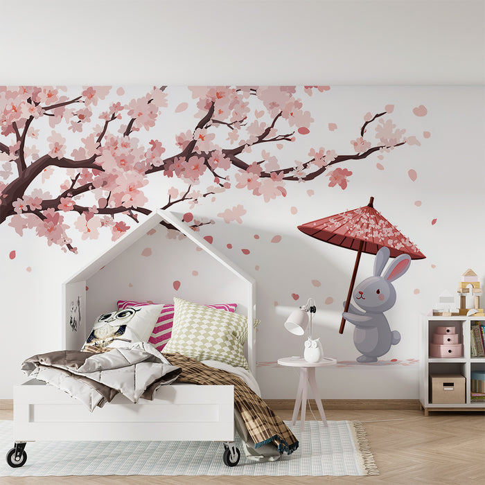 Kinderzimmer Tapete | Hase unter blühender Kirschblüte mit Regenschirm