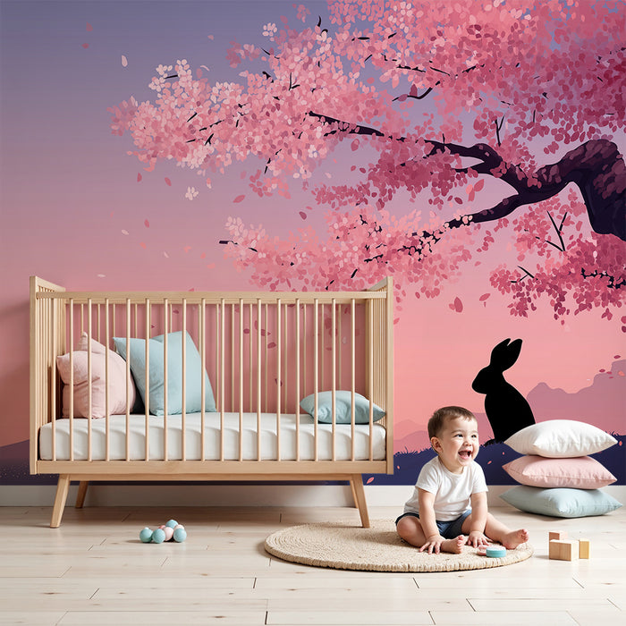Kinderzimmer Tapete | Hase unter blühender Kirschbaum mit beruhigender Landschaft