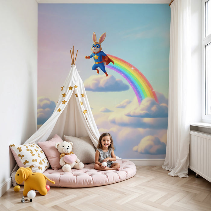 Papel pintado infantil | Conejo superhéroe en un arco iris en un cielo pastel