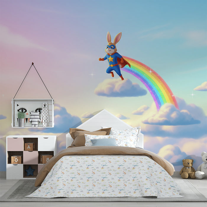 Papel pintado infantil | Conejo superhéroe en un arco iris en un cielo pastel