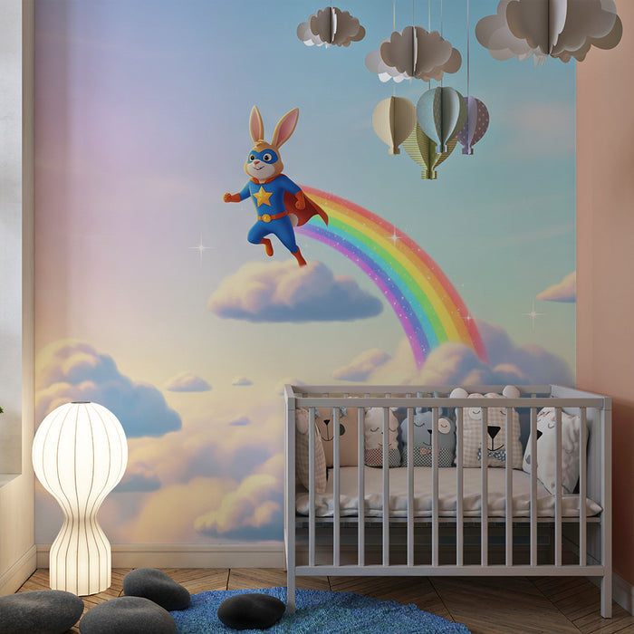 Papel pintado infantil | Conejo superhéroe en un arco iris en un cielo pastel