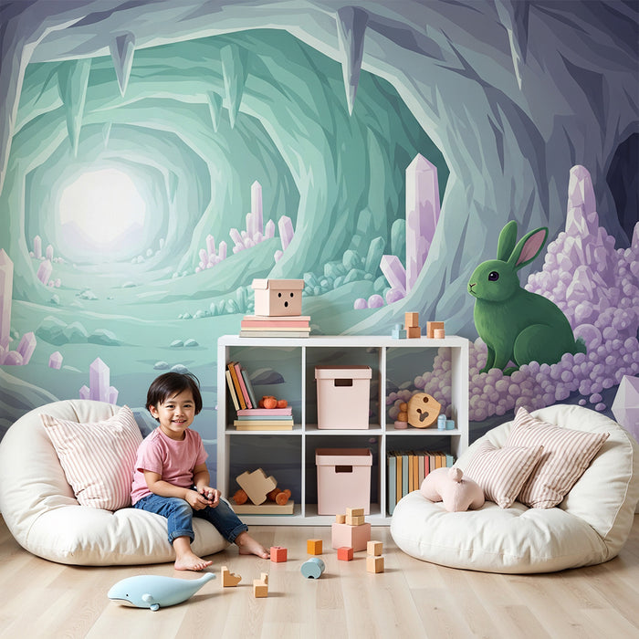 Kids' Room Wallpaper | Green Rabbit in a Magical Crystal Cave