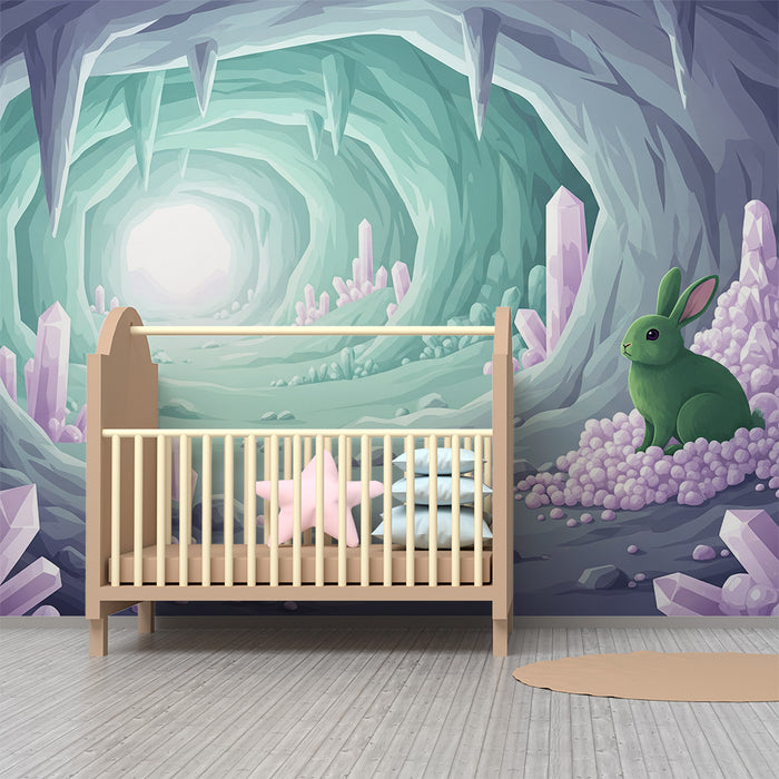 Kids' Room Wallpaper | Green Rabbit in a Magical Crystal Cave
