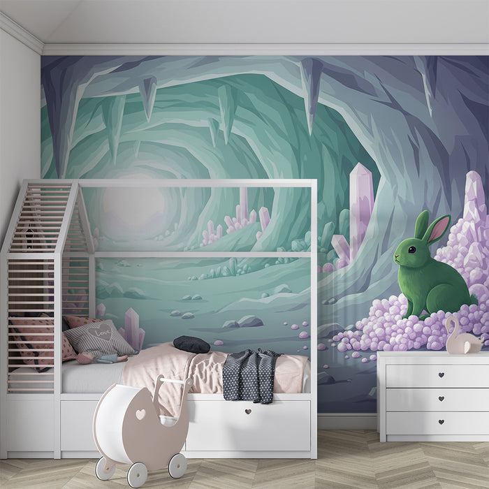Kids' Room Wallpaper | Green Rabbit in a Magical Crystal Cave