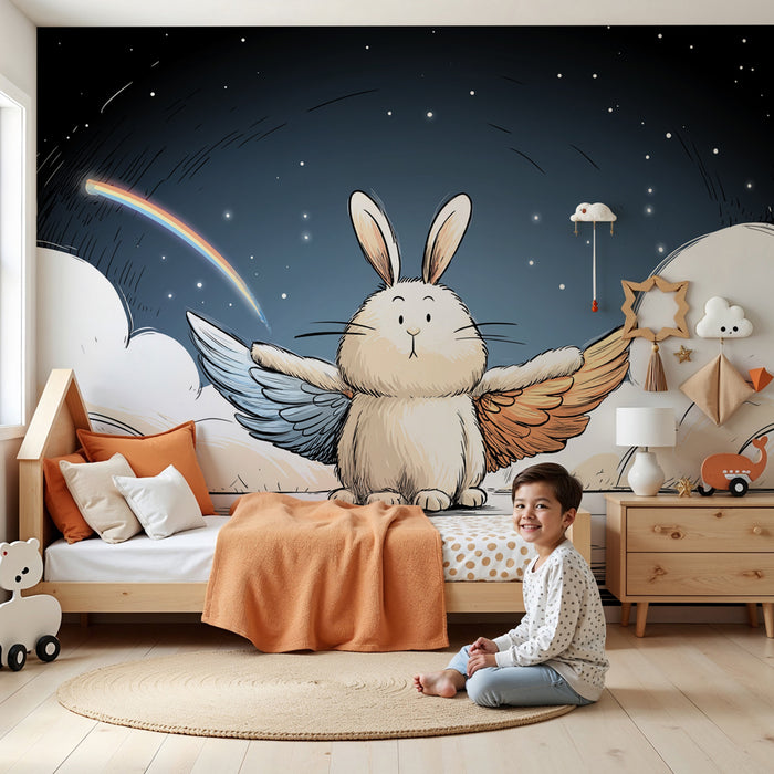 Carta da parati bambini | Coniglio volante sotto un arcobaleno