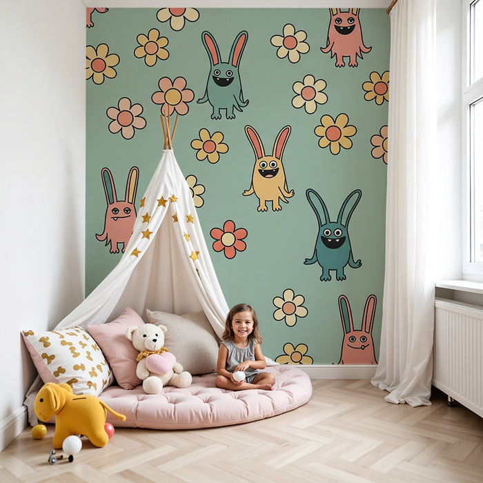 Papier peint chambre enfant | Lapins colorés et fleurs joyeuses sur fond pastel