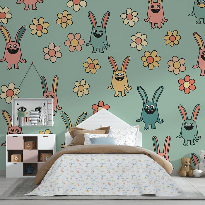Papier peint chambre enfant | Lapins colorés et fleurs joyeuses sur fond pastel