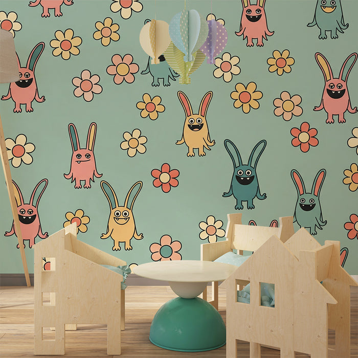 Papier peint chambre enfant | Lapins colorés et fleurs joyeuses sur fond pastel