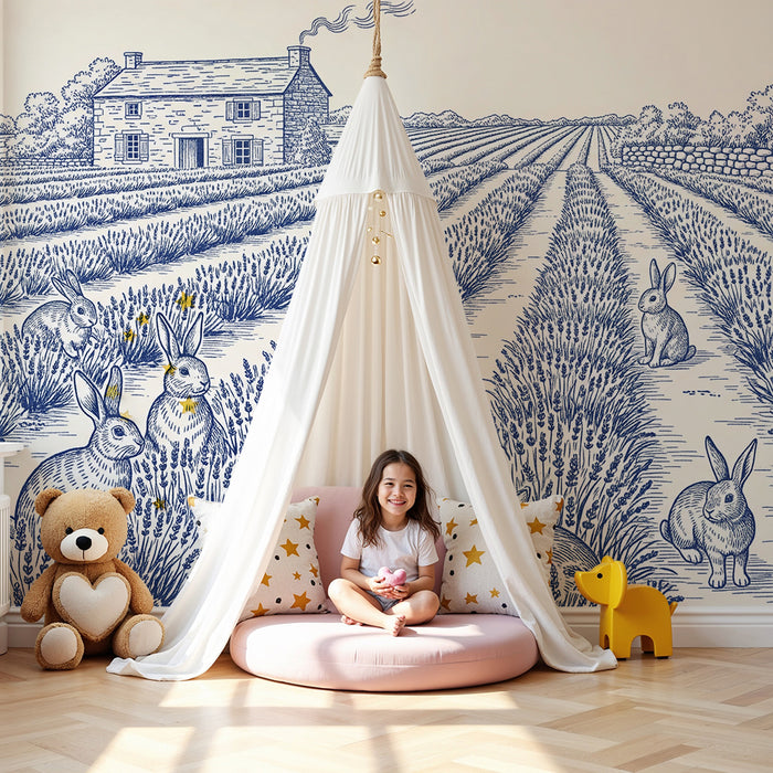 Here is the translation of the text into English, following all the rules provided:

**Children's bedroom wallpaper | Rabbits in a lavender field with a house in the background**