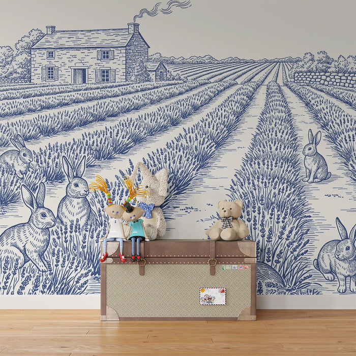 Here is the translation of the text into English, following all the rules provided:

**Children's bedroom wallpaper | Rabbits in a lavender field with a house in the background**