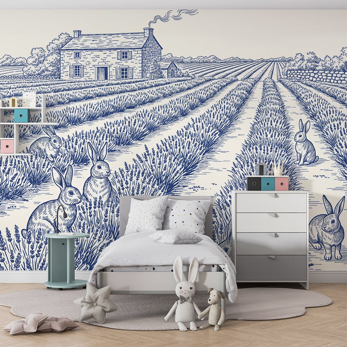Here is the translation of the text into English, following all the rules provided:

**Children's bedroom wallpaper | Rabbits in a lavender field with a house in the background**