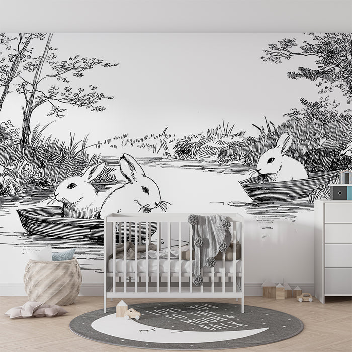 Behang kinderkamer | Speelse konijntjes in een bootje op een rustige rivier