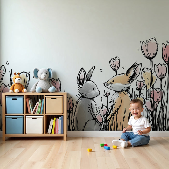 Kinderkamer behang | Konijntjes en delicate bloemen in een lenteachtige tuin