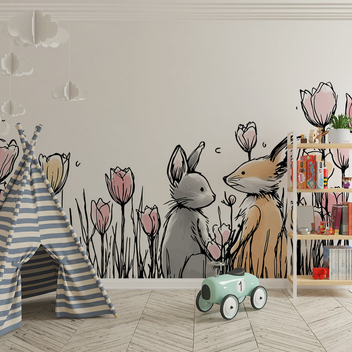 Kinderkamer behang | Konijntjes en delicate bloemen in een lenteachtige tuin