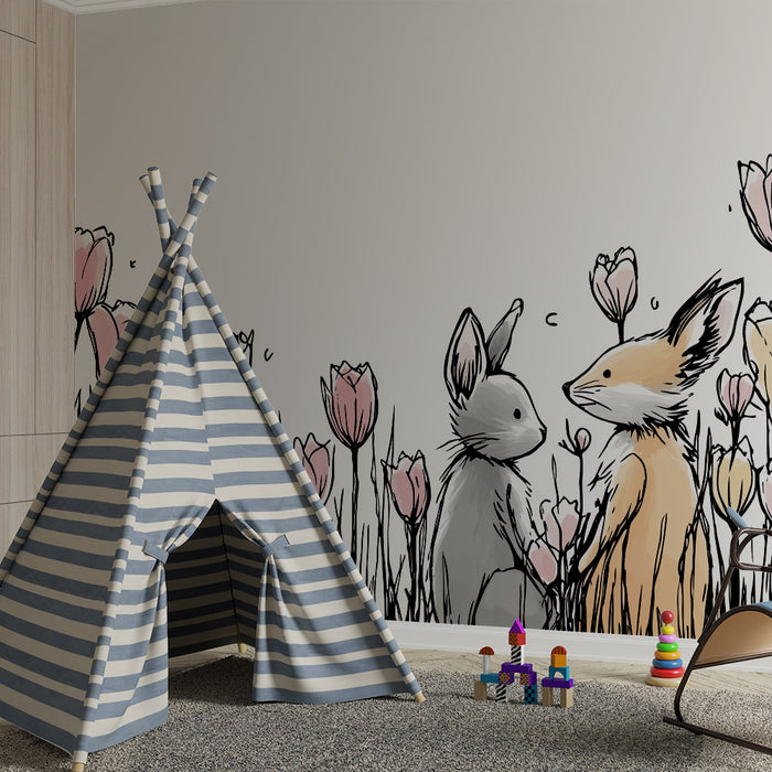 Kinderkamer behang | Konijntjes en delicate bloemen in een lenteachtige tuin