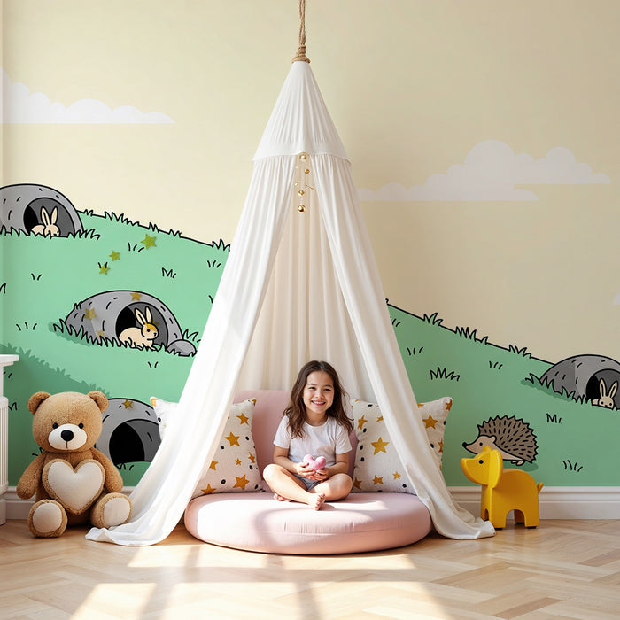 Kids' Room Wallpaper | Playful Rabbits and Hedgehogs in a Soft Landscape