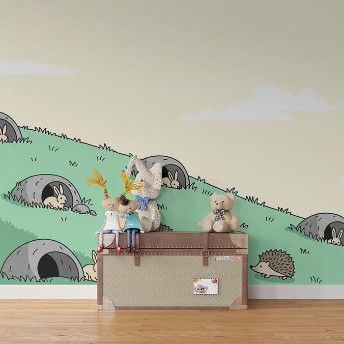Kids' Room Wallpaper | Playful Rabbits and Hedgehogs in a Soft Landscape