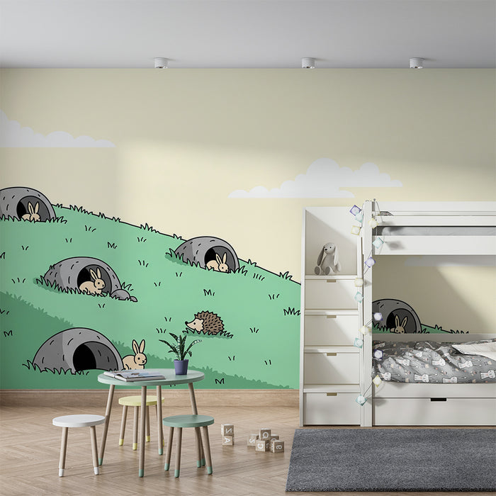 Kids' Room Wallpaper | Playful Rabbits and Hedgehogs in a Soft Landscape