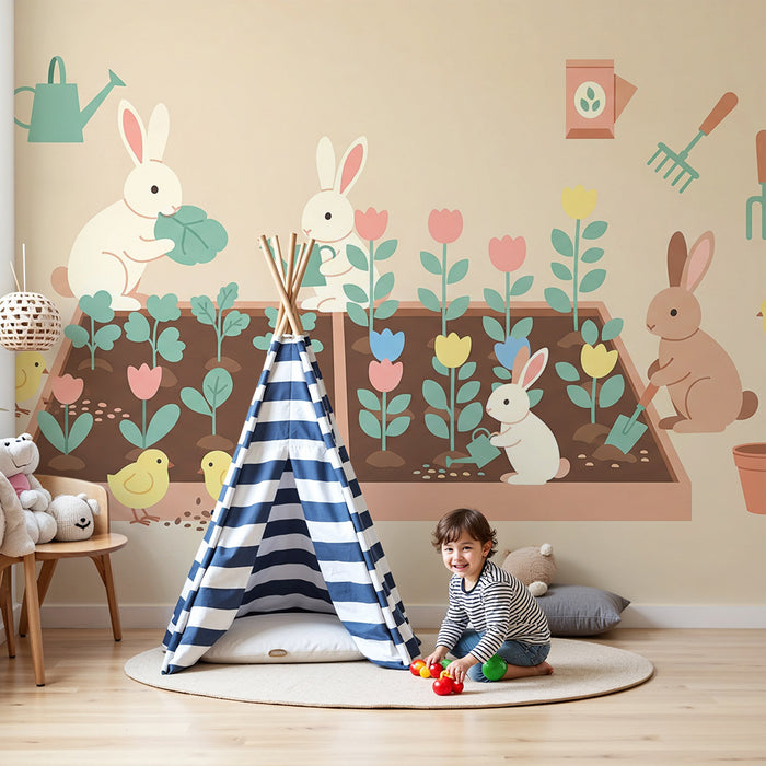 Kinderzimmer Tapete | Gärtnerrabbits und bunte Blumen im Gemüsegarten