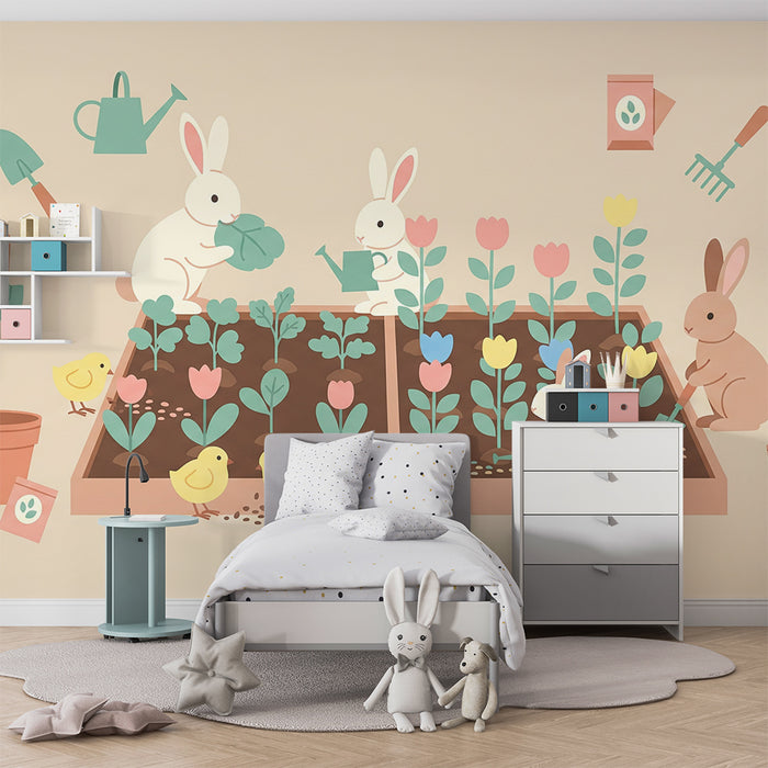 Kinderzimmer Tapete | Gärtnerrabbits und bunte Blumen im Gemüsegarten