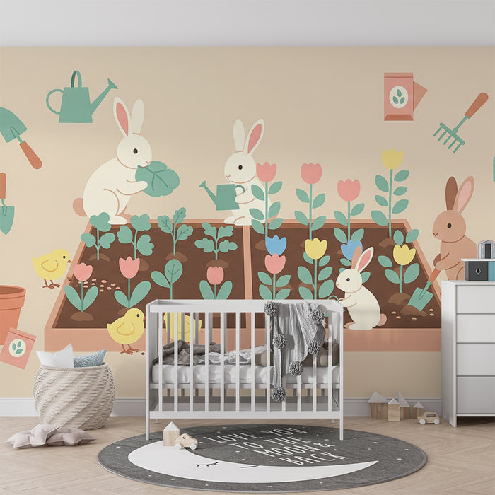 Kinderzimmer Tapete | Gärtnerrabbits und bunte Blumen im Gemüsegarten