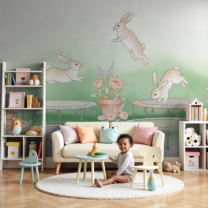 Detská izba tapeta | Hrajúce sa králiky a farebné kvety