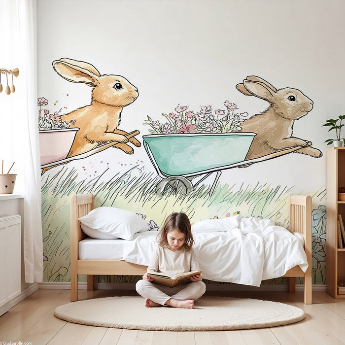 Papel de parede criança | Coelhos felizes com carrinhos de mão num campo florido