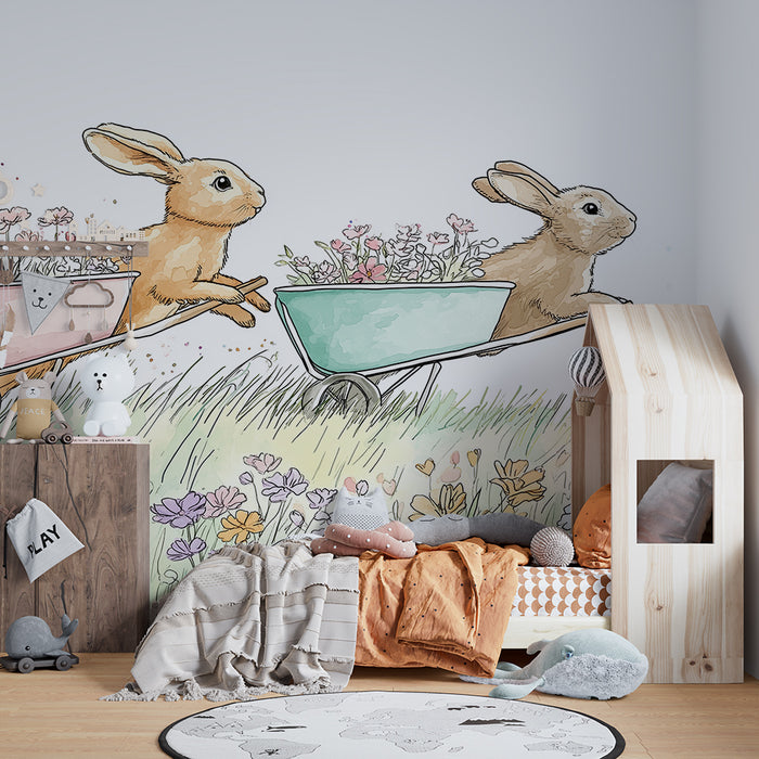 Papel de parede criança | Coelhos felizes com carrinhos de mão num campo florido