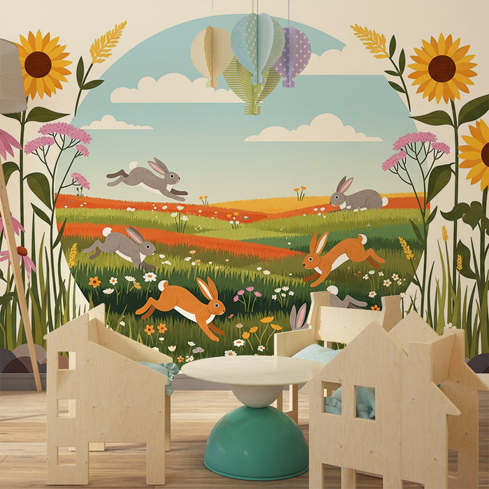 Papier peint chambre enfant | Lapins joyeux dans un champ fleuri