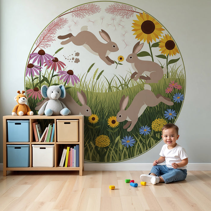 Kinderzimmer Tapete | Fröhliche Hasen in einem blühenden Garten