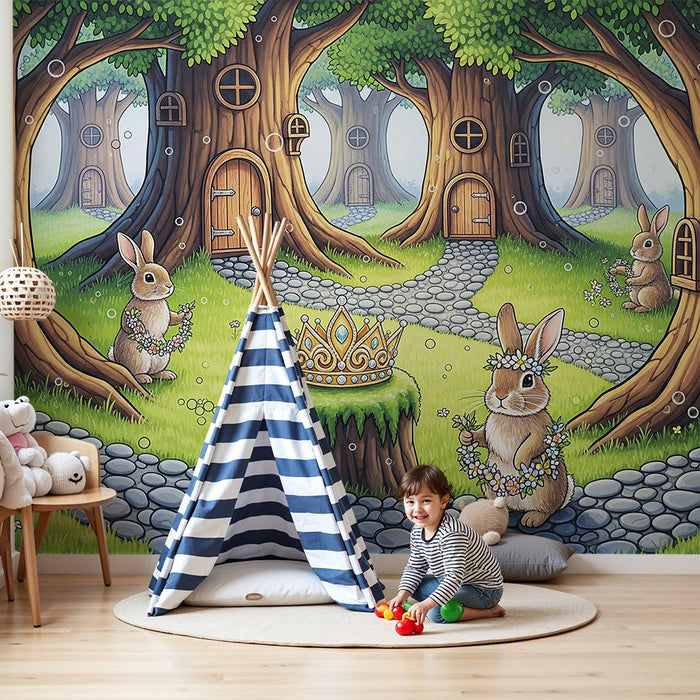 Papel de parede para quarto de criança | Coelhos alegres numa floresta encantada