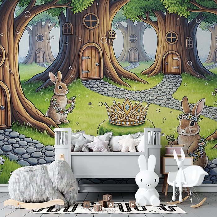 Papel de parede para quarto de criança | Coelhos alegres numa floresta encantada