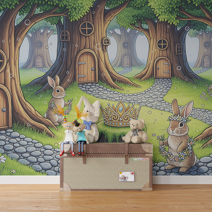 Papel de parede para quarto de criança | Coelhos alegres numa floresta encantada
