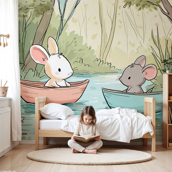 Kinderzimmer Tapete | Fröhliche Hasen in einem Boot auf einem ruhigen Bach