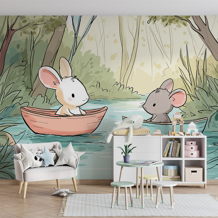 Kinderzimmer Tapete | Fröhliche Hasen in einem Boot auf einem ruhigen Bach