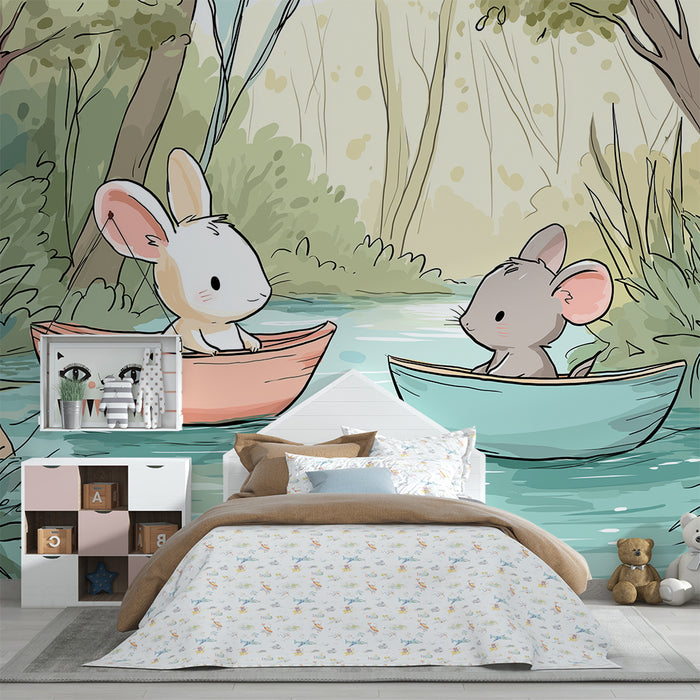 Kinderzimmer Tapete | Fröhliche Hasen in einem Boot auf einem ruhigen Bach